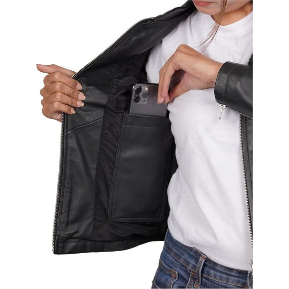 Women's Cafe Racer Style Real Leather Jackets Rachel Black Zipper Long Sleeves - Picture 5 of 6